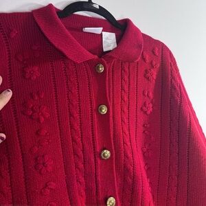Vintage Bobbie Brooks Red Floral Cable Knit Cardigan Cottagecore Sweater